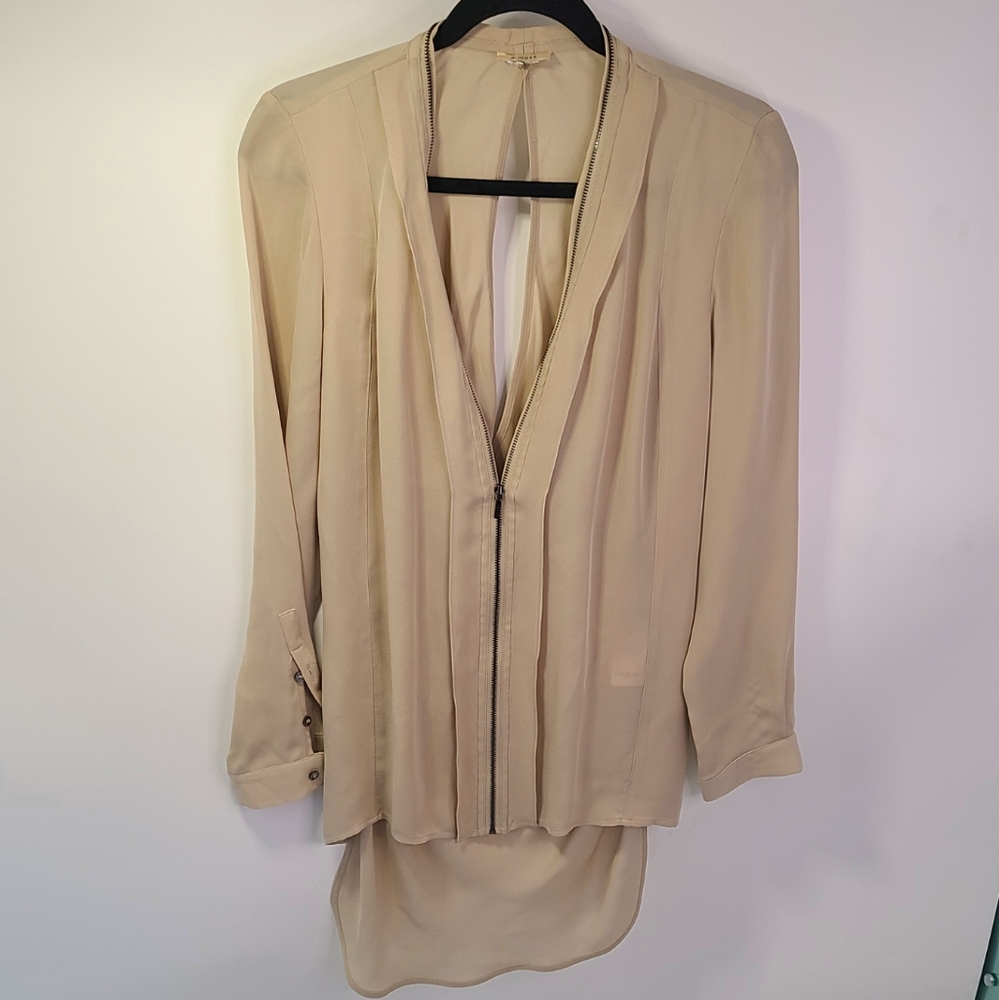 A.moss‎ tan/ creme 100% silk zippered blouse top size small S